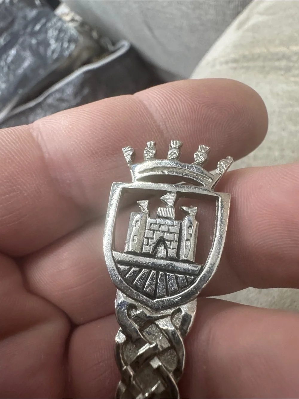 Silver Celtic Knot Kilt Pin with Castle Crest